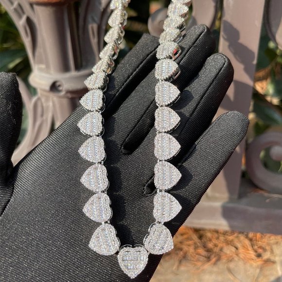 Baguette Crushed Heart Necklace Iced Out Choker Micro Pave Prong Setting Chain - Picture 7 of 9